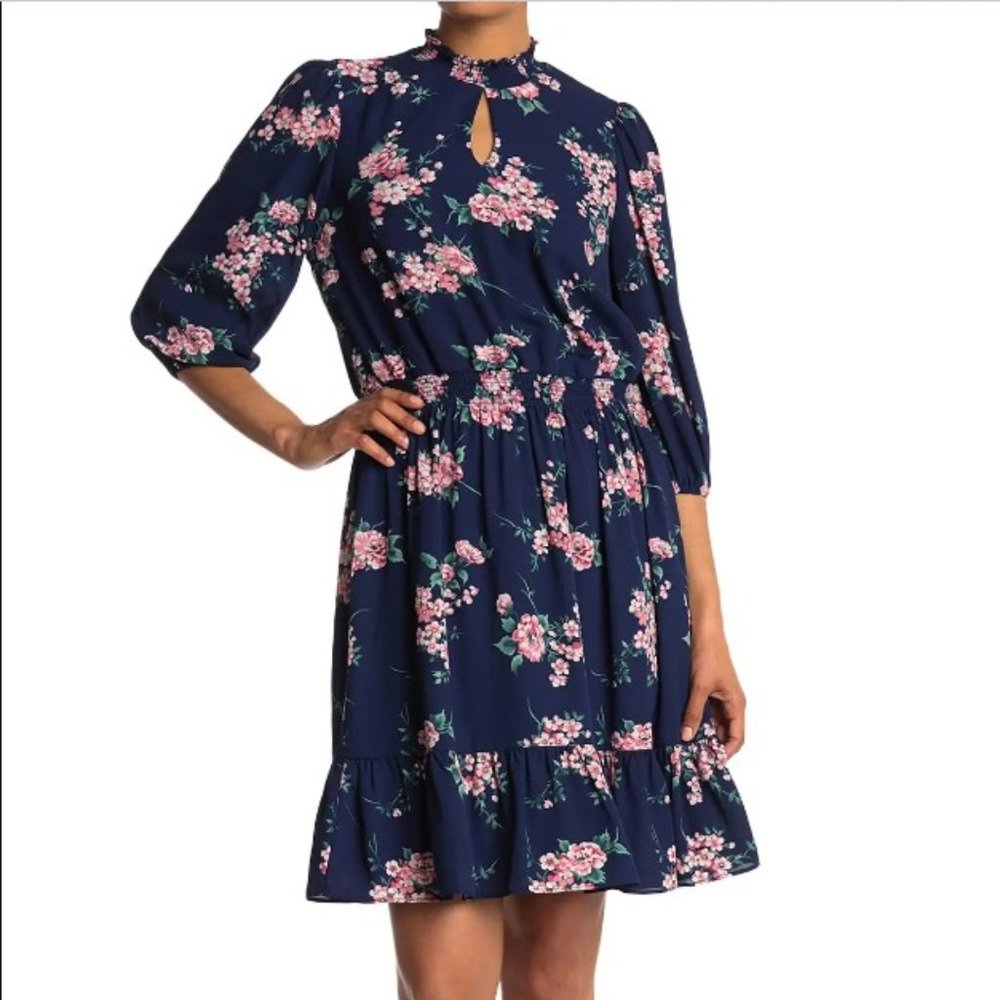 NWT Nanette Lepore Floral 3/4 Sleeve Dress Navy & Pink - Size 8